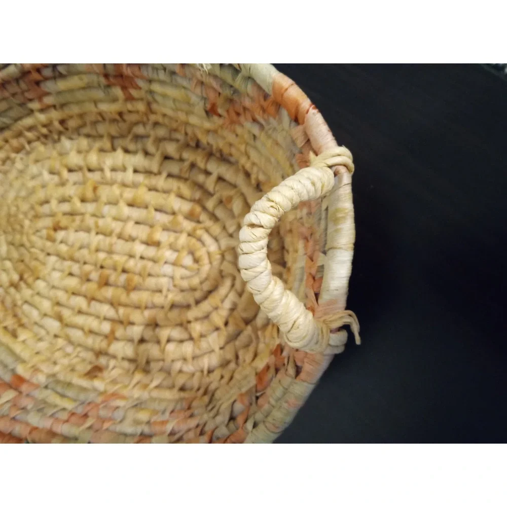Woven Straw Oval Basket with‎ Handles Natural Orange Green Boho Decor